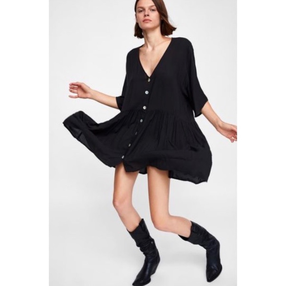 Zara black gathered mini dress tunic Size XXL